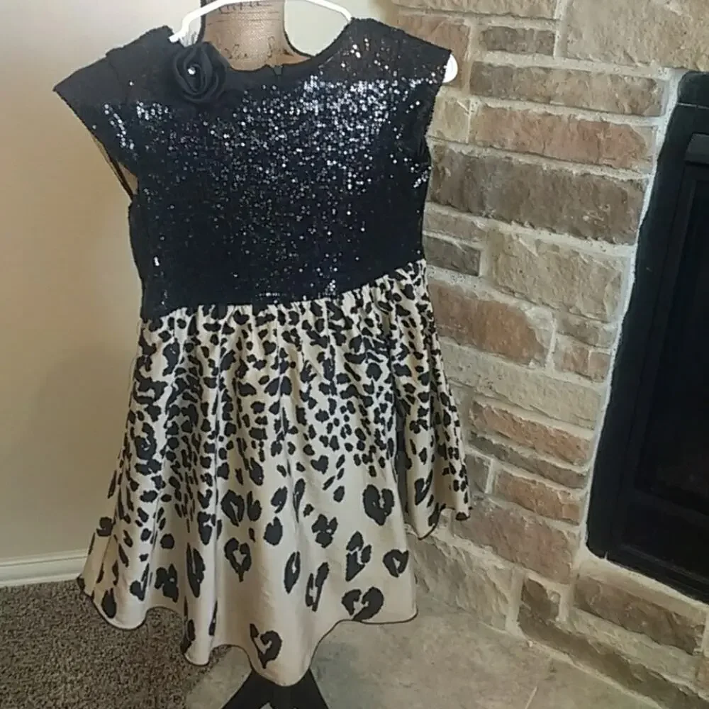 Le pink Black Sequin Animal Print Dress sz 12